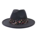 Clásico sombrero fedora de lana gris con elegante banda floral, ala ancha plana de invierno. - 58cm / Gris oscuro