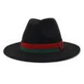Classic black wool fedora hat for men women wide brim British style hat with red green ribbon - 58cm / Black
