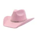 Close up of the pink suede western cowboy hat featuring a sparkling rhinestone decorative band. - 58cm / Sakura Pink