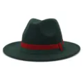 Unisex green wool fedora hat with red and green web ribbon British style large brim - 58cm / Dark Green