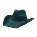 Detailed view of the dark green suede cowboy hat featuring a sparkling rhinestone band design. - 58cm / Dark Green