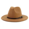 Close-up detail of the stylish brown woolen fedora hat, featuring a decorative belt. - 58cm / Khaki