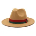 Camel wool fedora hat for men and women, wide brim jazz cap with red and green ribbon band. - 58cm / Camel