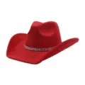 Red suede cowboy hat with sparkling rhinestone band, stylish wide brim western hat. - 58cm / Burgundy