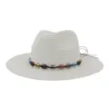 Détail chapeau de paille blanc avec bande de perles coquillages, protection solaire de plage. - Réglable / Blanc