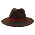 Classic brown wool fedora hat for men and women, wide brim fashion jazz cap with stripe. - 58cm / Coffee