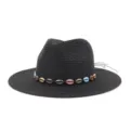 Chapeau fedora en paille noire avec bande de coquillages coloree plage protection solaire detail vue - Réglable / Noir