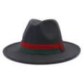 Close-up detail of the stylish grey fedora hat featuring a distinctive red and green ribbon band. - 58cm / Dark Gray