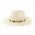 Chapeau de paille classique avec bande de perles, parfait pour la plage et l'été. - Réglable / Beige