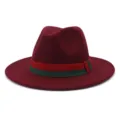 Wine Red Wool Fedora Hat Classic Green Red Ribbon Trim Autumn Winter British Style Flat Brim Cap - 58cm / Burgundy