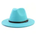 Clásico sombrero fedora de lana de ala ancha para hombres y mujeres, fieltro turquesa de moda. - 58cm / Azul lago