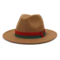 Classic brown wool fedora hat for men and women, featuring a stylish red and green ribbon band. - 58cm / Khaki