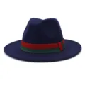 Blue wool felt fedora hat with classic red and green striped ribbon band for stylish autumn winter wear. - 58cm / Navy Blue