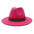 Pink wool fedora hat detail featuring classic red and green web ribbon band trim for autumn. - 58cm / Rose Red