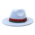 Light blue wool fedora hat with classic red and green ribbon band stylish autumn winter cap - 58cm / Sky Blue