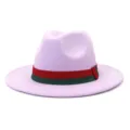 Wool fedora hat detail, wide brim, elegant pink hat with red and green ribbon band accessory. - 58cm / Pink Purple
