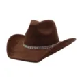 Close-up detail of brown suede western cowboy hat featuring sparkling rhinestone band. - 58cm / Coffee