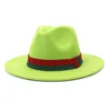 Neon green felt fedora hat with classic red and green ribbon band for stylish autumn and winter. - 58cm / Fruit Green