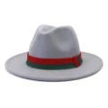 Detail shot of the grey felt fedora hat featuring a classic red and green ribbon band. - 58cm / Light Gray