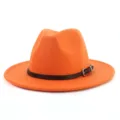 Elegante sombrero fedora de lana naranja otoño invierno, ala ancha con elegante cinturón marrón. - 58cm / Amarillo Naranja