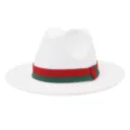 Classic white woolen fedora hat featuring a stylish red and green ribbon band for autumn and winter. - 58cm / White