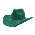 Green suede cowboy hat with sparkling rhinestone band, wide brim western fedora detail view. - 58cm / Green
