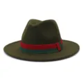 Classic olive green wool felt fedora hat with red and green stripe ribbon band for autumn. - 58cm / Army Green