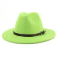 Sombrero fedora de lana verde neón con cinturón marrón elegante sombrero jazz ala ancha - 58cm / Verde Fruta