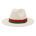 Close-up detail of beige wool fedora hat with red and green striped ribbon band design. - 58cm / Beige