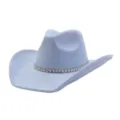 Close-up detail of light blue suede cowboy hat featuring sparkling rhinestone hat band. - 58cm / Sky Blue
