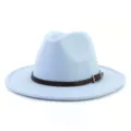 Sombrero fedora jazz de lana azul claro con cinturón marrón ala ancha moda otoño invierno. - 58cm / Azul cielo
