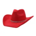 Red suede cowboy hat with sparkling rhinestone band, wide brim jazz hat detail view. - 58cm / Red