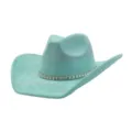 Turquoise suede cowboy hat with rhinestone band, wide brim jazz hat detail view. - 58cm / Mint Green