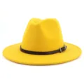 Yellow wool felt fedora hat for autumn and winter, classic wide brim jazz hat with belt buckle. - 58cm / Yellow
