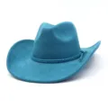 Detailansicht blaue Wildleder Cowboy-Hut, klassisches geflochtenes Band, breite Krempe. - Pfauendunkelblau