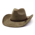 Detailansicht des braunen Wildleder-Cowboyhuts mit geflochtenem Seilband und Metallspitzen. - Armeegrün