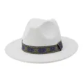 Witte wollen vilt fedora hoed met blauwe etnische band, klassieke brede rand jazz hoed. - 58cm / Wit