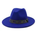 Blauwe wollen vilt fedora hoed met etnische patroonband, brede platte rand jazz hoed voor mannen. - 58cm / Saffierblauw