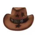 Vue détaillée chapeau cowboy marron avec peinture étoile et boucle crâne de taureau. - Taille unique / Kaki