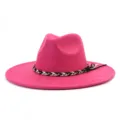 Felroze suède fedora hoed met zwart-wit gevlochten band brede rand stijlvol dames - M (56-58cm) / Pruimrood
