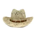Chapeau de cowboy en paille naturelle fait main avec des perles en bois et turquoise. - Réglable / Comme indiqué