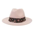 Sombrero fedora de fieltro rosa con cinta floral negra, sombrero de ala ancha jazz. - 58cm / Rosa Palo