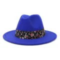 Sombrero fedora de lana azul con cinta floral ala plana elegante gorra de jazz estilo - 58cm / Azul Zafiro
