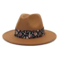 Detailed shot of a stylish brown felt fedora hat featuring a chic black floral ribbon band. - 58cm / Khaki