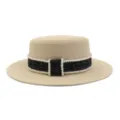 Erholsamer Sommer-Strohhut für Damen mit Perlen besetztem Tweed-Band breite Krempe Sonnenschutz - Schwarzes Karo-Band / Beige
