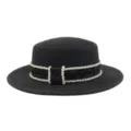 Schwarzer Damen Strohhut Flachteller mit Tweed Band und Perlen Rand für Sommer Sonnenschutz. - Schwarzes Karo-Band / Schwarz