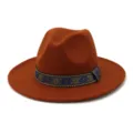 Unisex wolvilt fedora hoed met etnische geweven band brede platte rand klassieke hoed bruin - 58cm / Roestvrij Rood