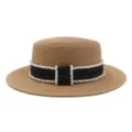 Damen Sommer Strohhut breite Krempe flacher Hut mit schwarzem Tweed Perlen Band Strandkappe - Schwarzes Karo-Band / Khaki
