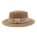 Detailansicht Damen Strohhut, flacher Hut mit breiter Krempe und Perlen Karo Band. - kamelfarbenes Karo-Band / Khaki