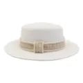 Damen Sommer Strohhut mit Tweed und Perlen Band, elegante breite Krempe fuer den Sonnenschutz. - kamelfarbenes Karo-Band / Weiß